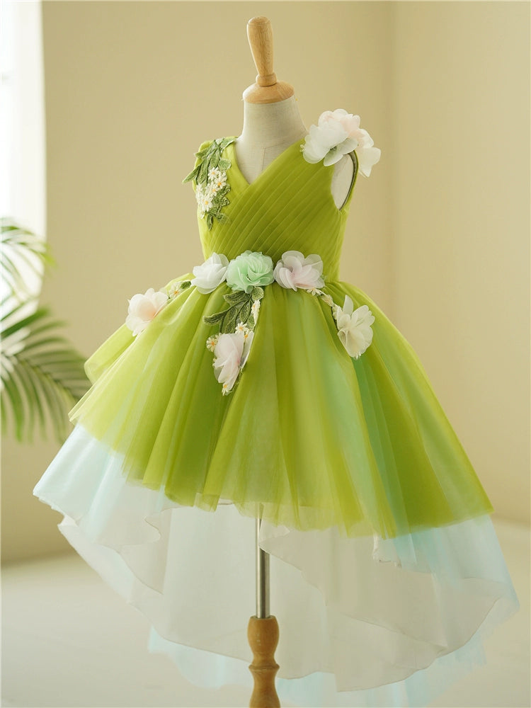 Princess Green Tulle Back Zip Baptism Lace Floor Length Sleeveless V-Neck Flower Girl Dress