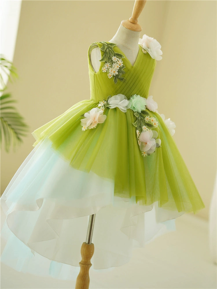 Princess Green Tulle Back Zip Baptism Lace Floor Length Sleeveless V-Neck Flower Girl Dress