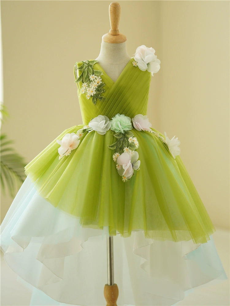 Princess Green Tulle Back Zip Baptism Lace Floor Length Sleeveless V-Neck Flower Girl Dress