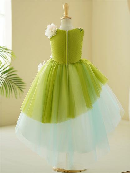 Princess Green Tulle Back Zip Baptism Lace Floor Length Sleeveless V-Neck Flower Girl Dress