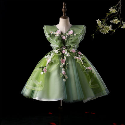 Princess Green Tulle Back Zip Baptism Lace Short Sleeveless Cap Sleeve V-Neck Flower Girl Dress