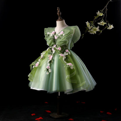 Princess Green Tulle Back Zip Baptism Lace Short Sleeveless Cap Sleeve V-Neck Flower Girl Dress