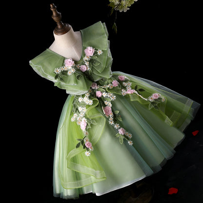 Princess Green Tulle Back Zip Baptism Lace Short Sleeveless Cap Sleeve V-Neck Flower Girl Dress