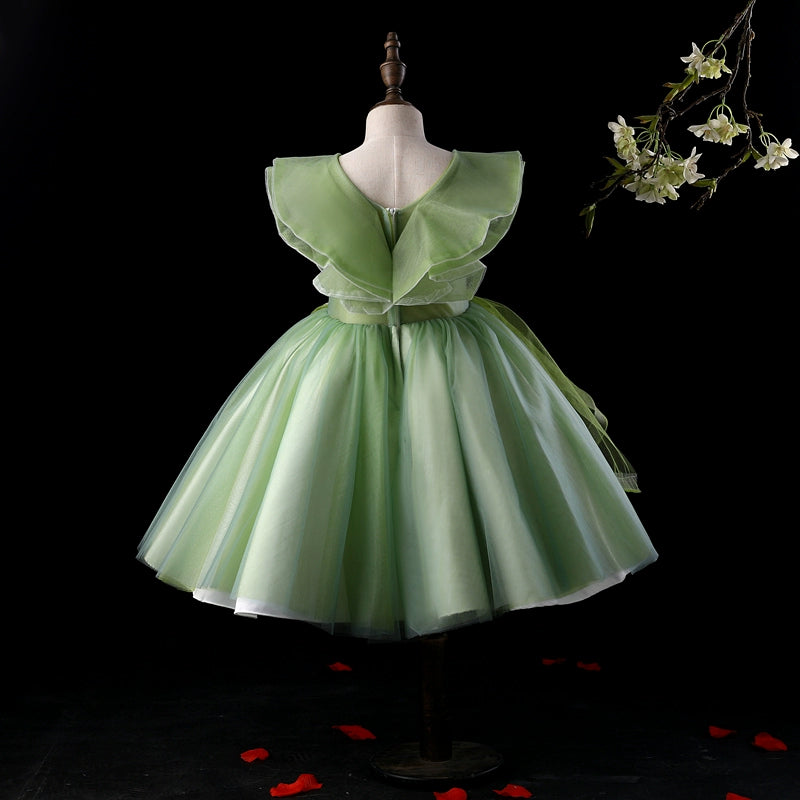 Princess Green Tulle Back Zip Baptism Lace Short Sleeveless Cap Sleeve V-Neck Flower Girl Dress