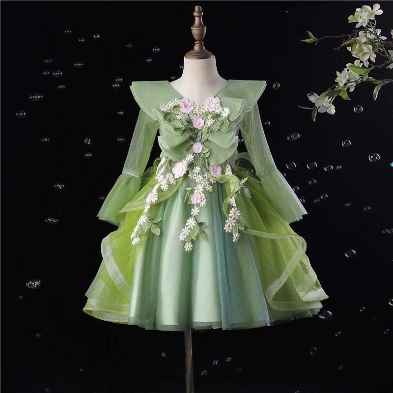 Princess Green Tulle Back Zip Baptism Lace Tea Length Long Sleeve Cap Sleeve V-Neck Flower Girl Dress