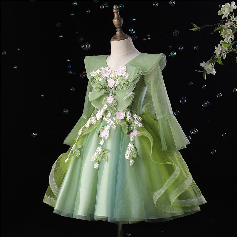 Princess Green Tulle Back Zip Baptism Lace Tea Length Long Sleeve Cap Sleeve V-Neck Flower Girl Dress