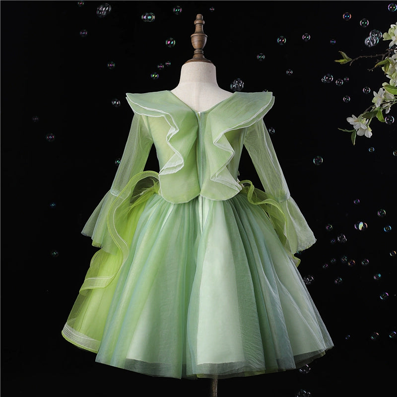 Princess Green Tulle Back Zip Baptism Lace Tea Length Long Sleeve Cap Sleeve V-Neck Flower Girl Dress