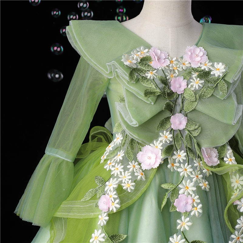 Princess Green Tulle Back Zip Baptism Lace Tea Length Long Sleeve Cap Sleeve V-Neck Flower Girl Dress