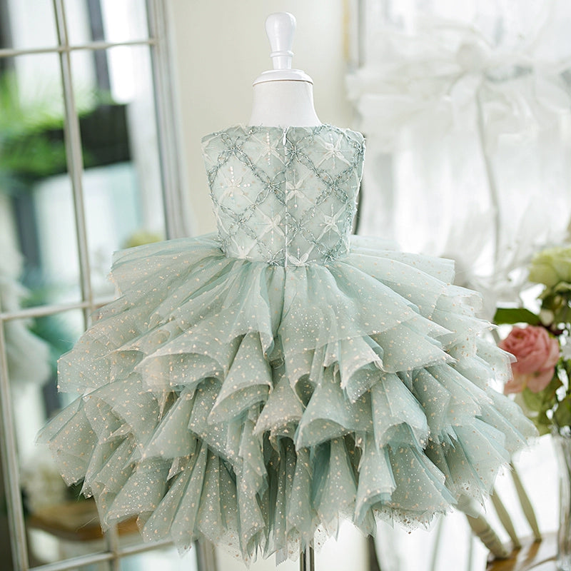 Princess Green Tulle Back Zip Baptism Lace Tea Length Sleeveless Round Flower Girl Dress