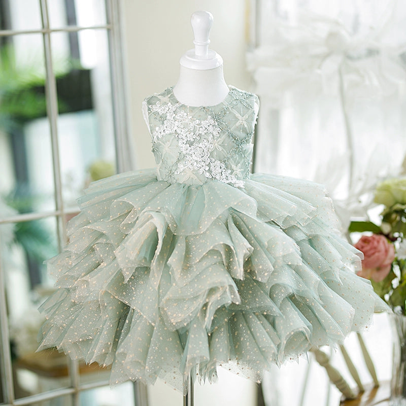 Princess Green Tulle Back Zip Baptism Lace Tea Length Sleeveless Round Flower Girl Dress