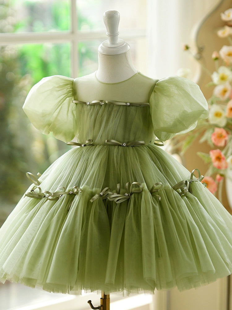 Princess Green Tulle Back Zip Baptism Pleated Tea Length Short Sleeve Puff Sleeve Round Flower Girl Dress