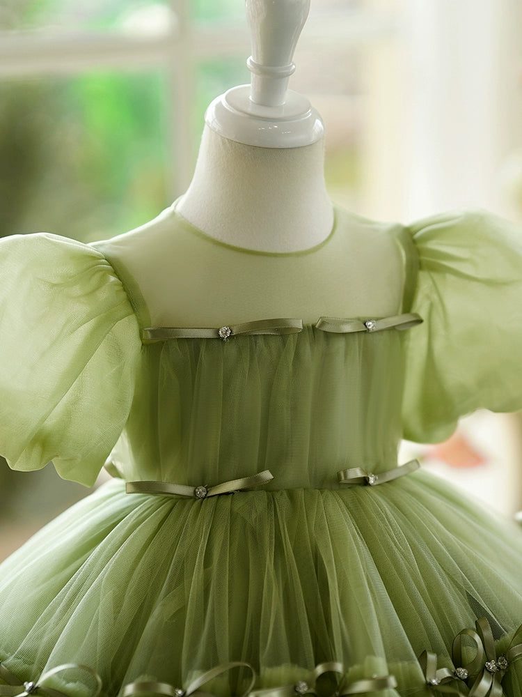 Princess Green Tulle Back Zip Baptism Pleated Tea Length Short Sleeve Puff Sleeve Round Flower Girl Dress