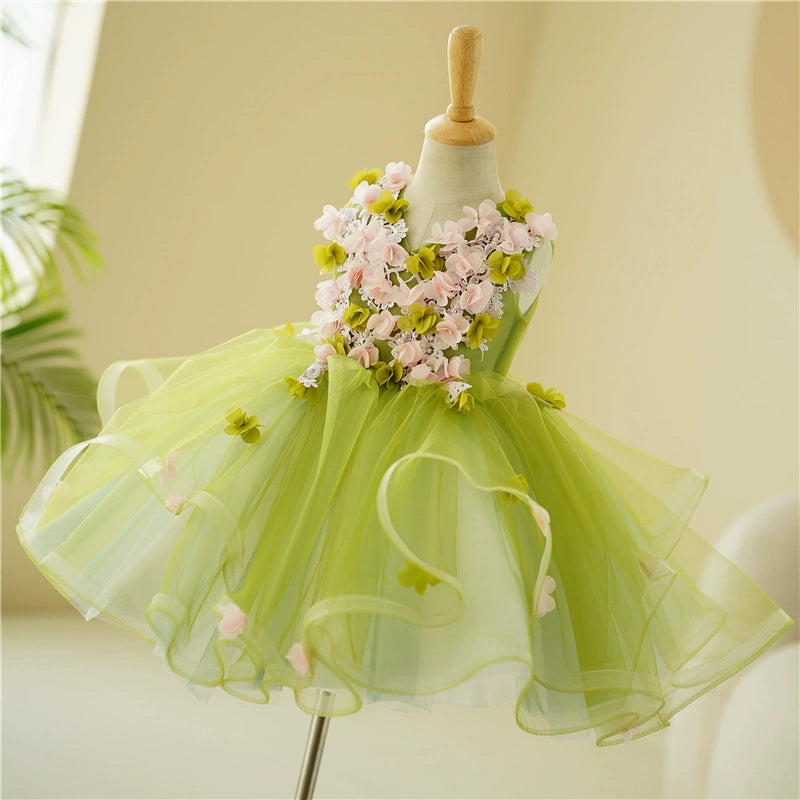 Princess Green Tulle Baptism Flower(s) Tea Length Sleeveless V-Neck Flower Girl Dress