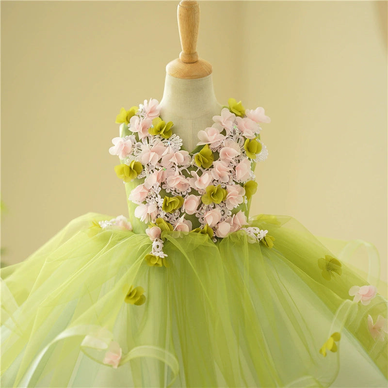 Princess Green Tulle Baptism Flower(s) Tea Length Sleeveless V-Neck Flower Girl Dress