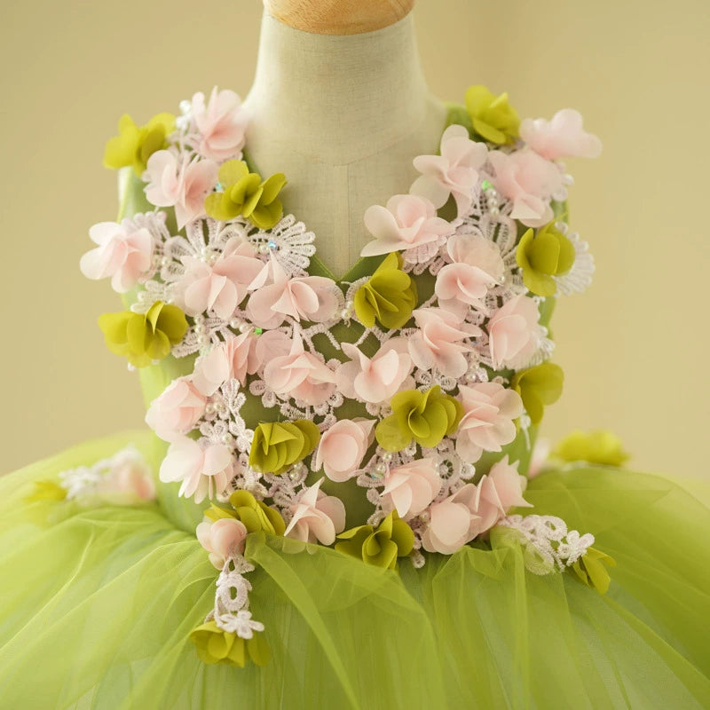 Princess Green Tulle Baptism Flower(s) Tea Length Sleeveless V-Neck Flower Girl Dress