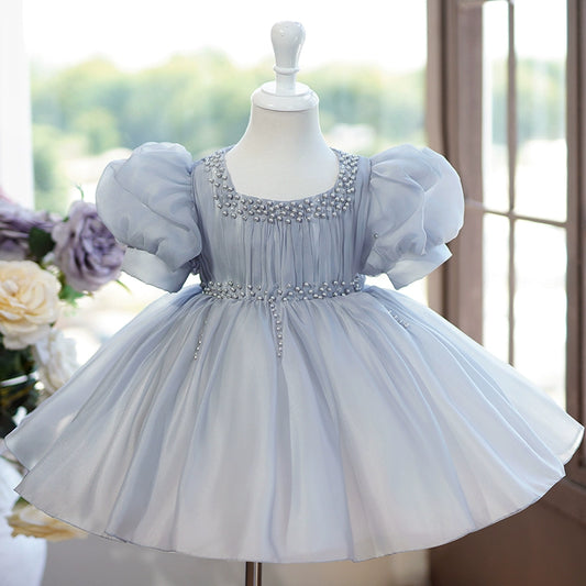 Princess Grey Organza Back Zip Baptism Beaded Tea Length Short Sleeve Puff Sleeve Jewel Neck Flower Girl Dress