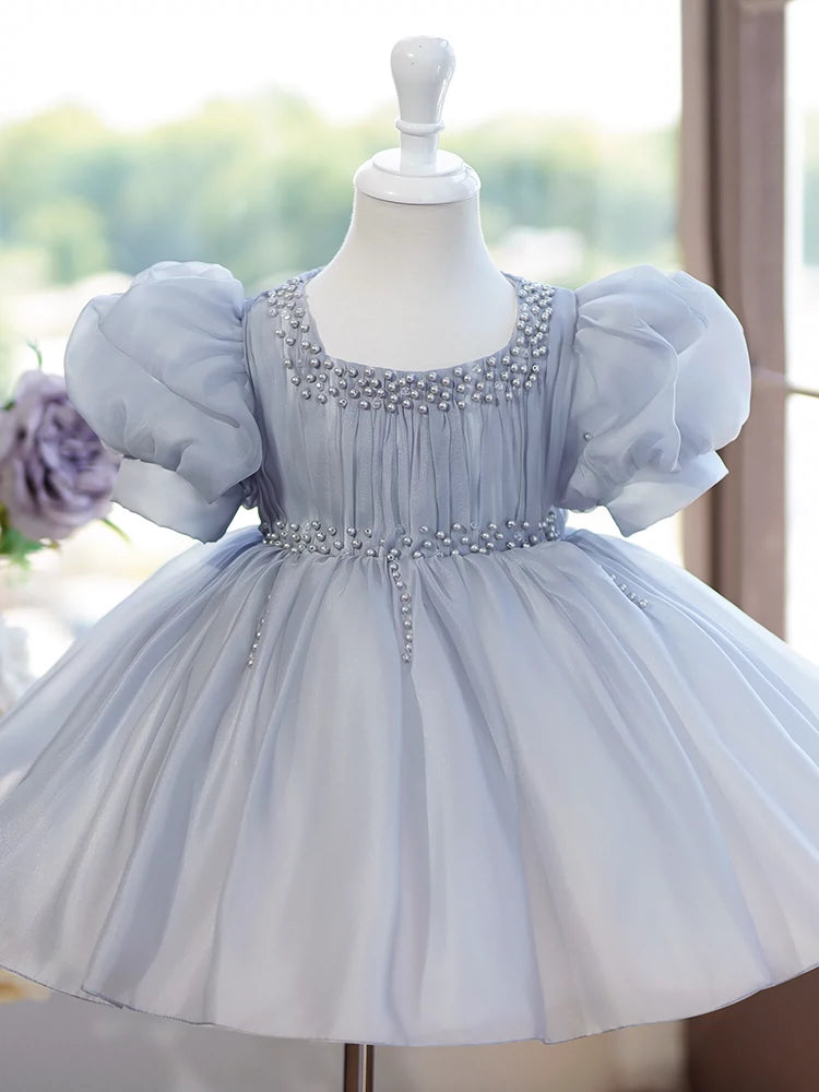 Princess Grey Organza Back Zip Baptism Beaded Tea Length Short Sleeve Puff Sleeve Jewel Neck Flower Girl Dress