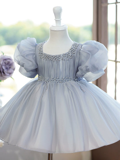 Princess Grey Organza Back Zip Baptism Beaded Tea Length Short Sleeve Puff Sleeve Jewel Neck Flower Girl Dress