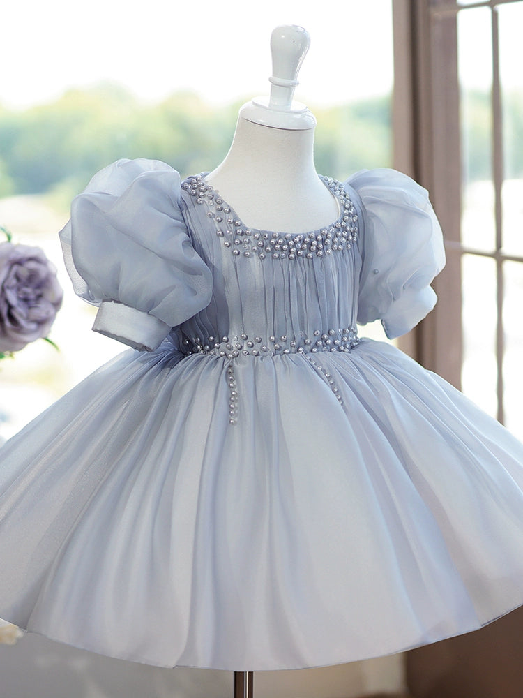 Princess Grey Organza Back Zip Baptism Beaded Tea Length Short Sleeve Puff Sleeve Jewel Neck Flower Girl Dress