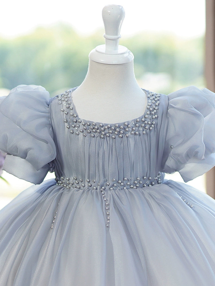 Princess Grey Organza Back Zip Baptism Beaded Tea Length Short Sleeve Puff Sleeve Jewel Neck Flower Girl Dress