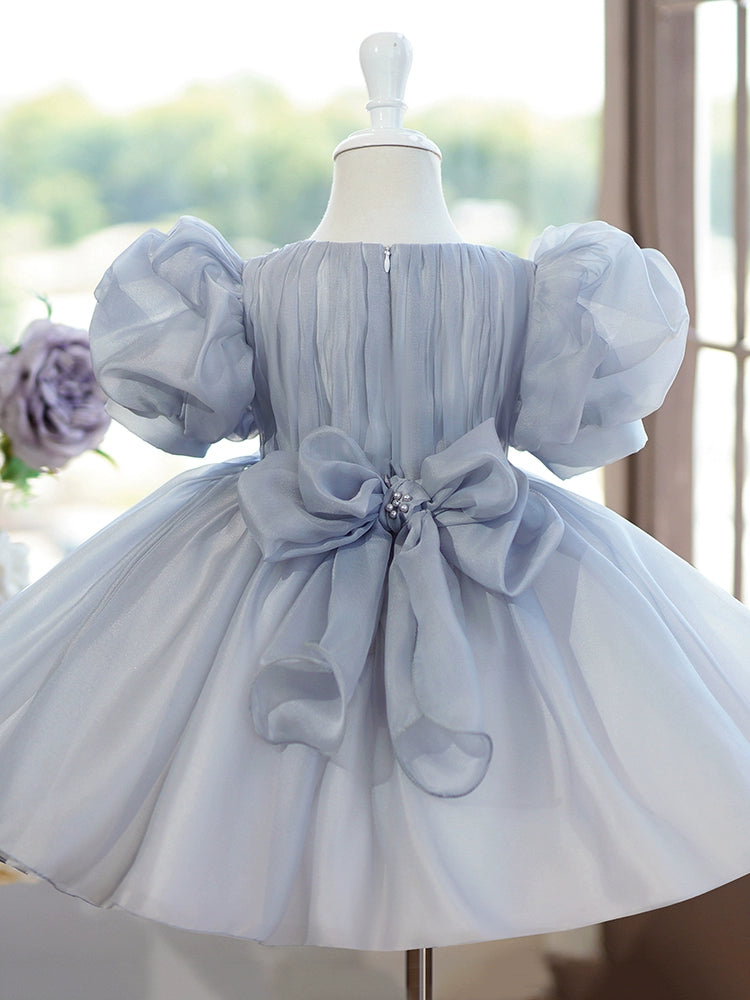 Princess Jewel Neck Tea Length Organza Flower Girl Dress in Grey eDressit UK