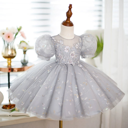 Princess Grey Sequined Back Zip Baptism Lace Tea Length Short Sleeve Puff Sleeve Round Flower Girl Dress