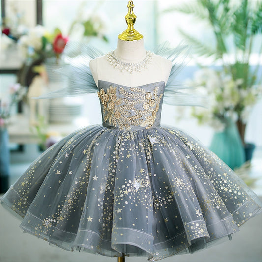 Princess Grey Tulle Back Zip Baptism Sequins Tea Length Sleeveless Jewel Neck Flower Girl Dress