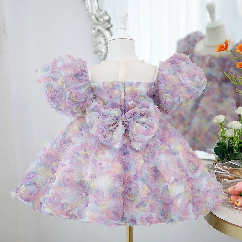 Princess Lilac Lace Back Zip Baptism Flower(s) Tea Length Short Sleeve Puff Sleeve Jewel Neck Flower Girl Dress