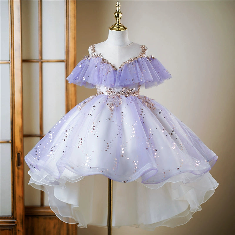 Princess Lilac Sequined Back Zip Baptism Cascading Ruffles Tea Length Short Sleeve Cold Shoulder Sleeve Sweetheart Flower Girl Dress