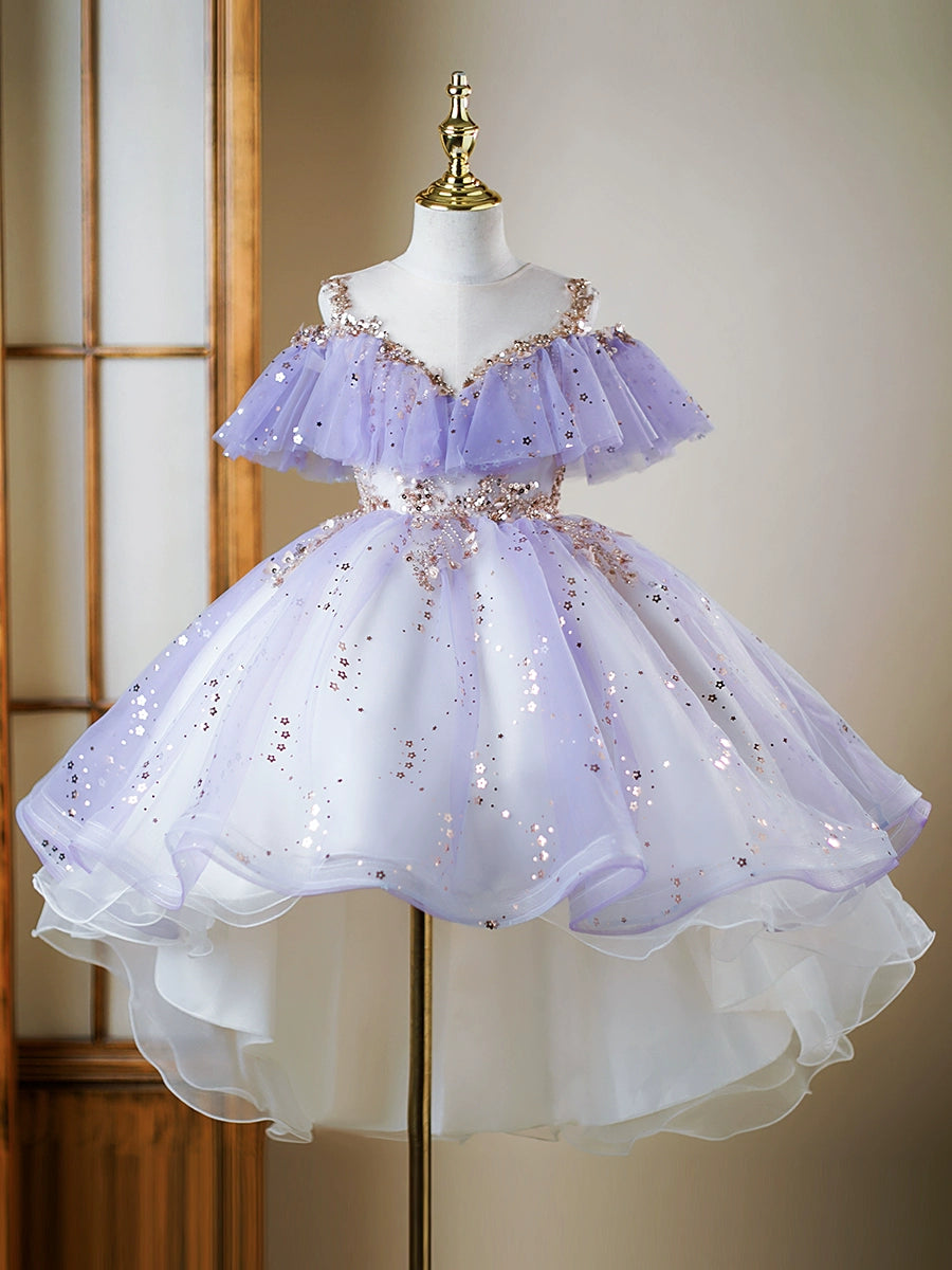 Princess Lilac Sequined Back Zip Baptism Cascading Ruffles Tea Length Short Sleeve Cold Shoulder Sleeve Sweetheart Flower Girl Dress