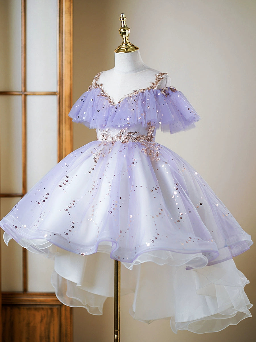 Princess Lilac Sequined Back Zip Baptism Cascading Ruffles Tea Length Short Sleeve Cold Shoulder Sleeve Sweetheart Flower Girl Dress