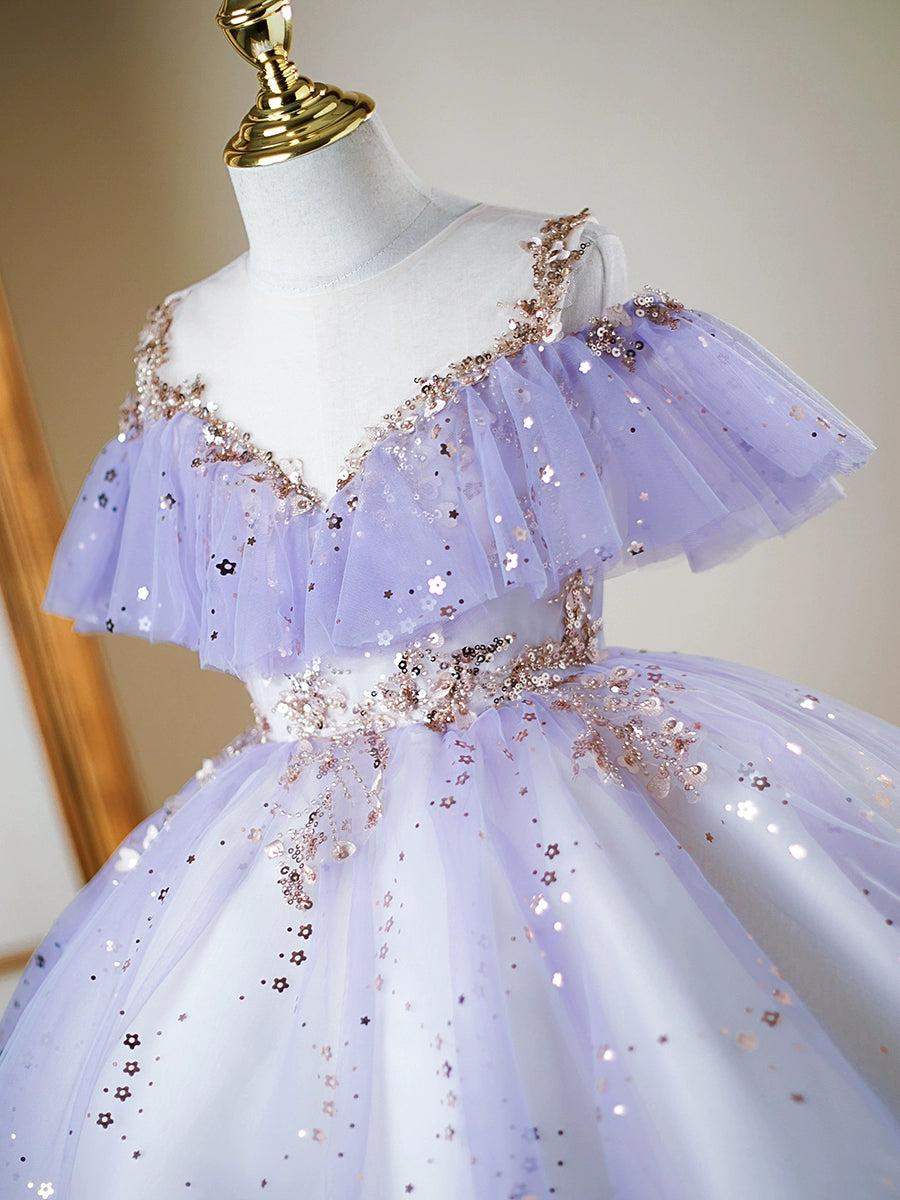 Princess Lilac Sequined Back Zip Baptism Cascading Ruffles Tea Length Short Sleeve Cold Shoulder Sleeve Sweetheart Flower Girl Dress