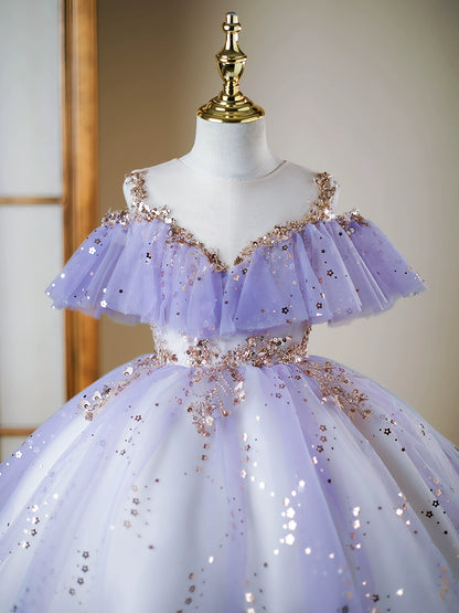 Princess Lilac Sequined Back Zip Baptism Cascading Ruffles Tea Length Short Sleeve Cold Shoulder Sleeve Sweetheart Flower Girl Dress