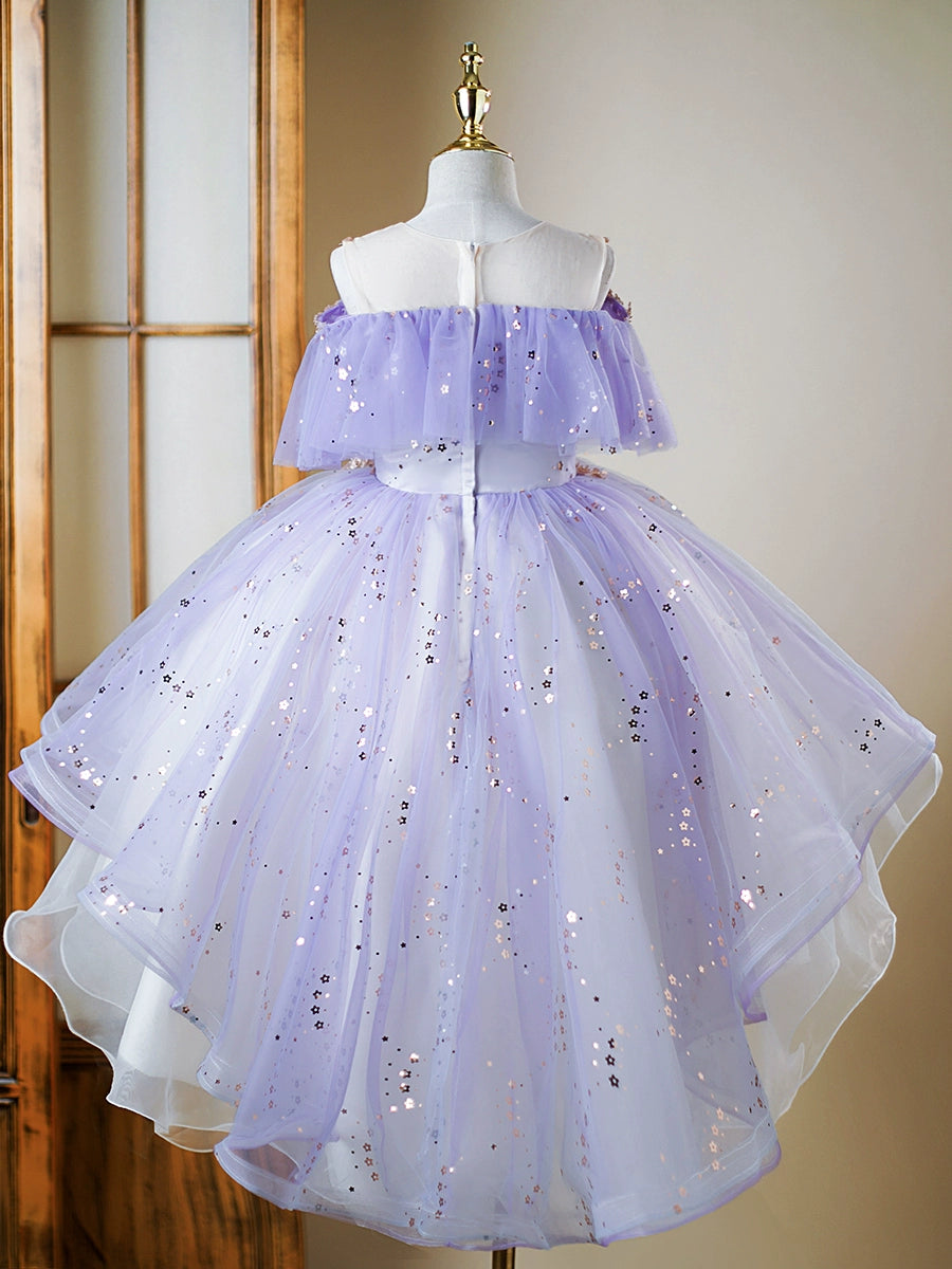 Princess Lilac Sequined Back Zip Baptism Cascading Ruffles Tea Length Short Sleeve Cold Shoulder Sleeve Sweetheart Flower Girl Dress