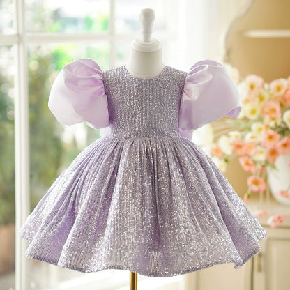 Princess Lilac Sequined Back Zip Baptism Sequins Tea Length Short Sleeve Puff Sleeve Round Flower Girl Dress