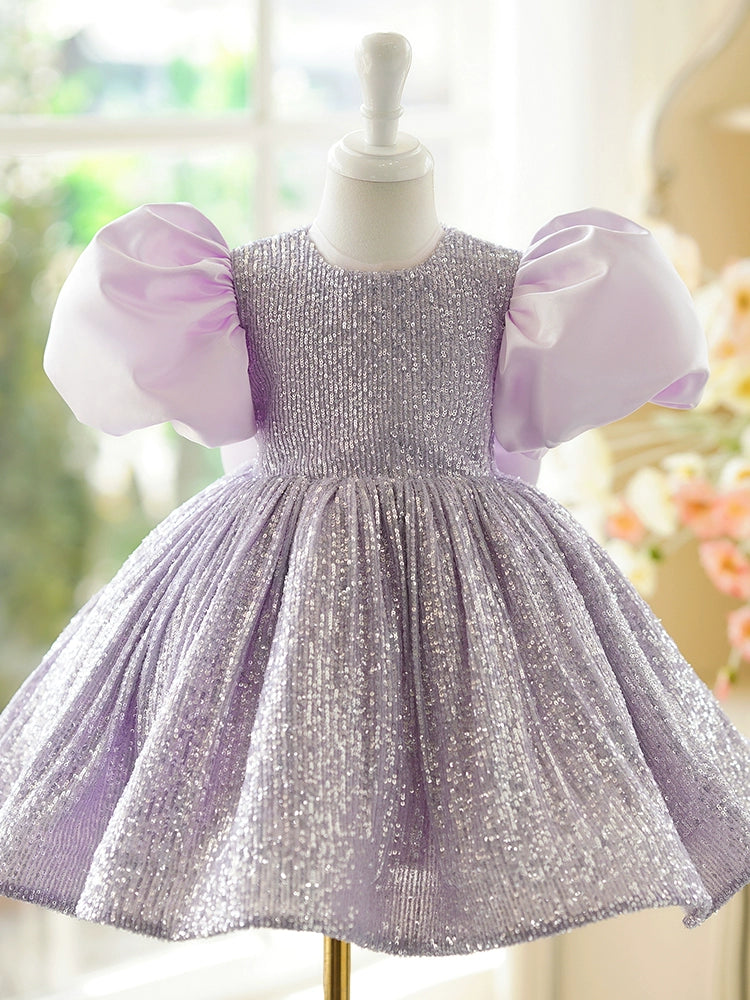 Princess Lilac Sequined Back Zip Baptism Sequins Tea Length Short Sleeve Puff Sleeve Round Flower Girl Dress