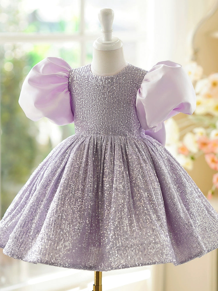 Princess Lilac Sequined Back Zip Baptism Sequins Tea Length Short Sleeve Puff Sleeve Round Flower Girl Dress