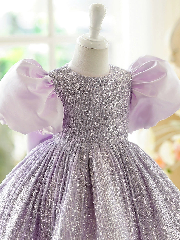 Princess Lilac Sequined Back Zip Baptism Sequins Tea Length Short Sleeve Puff Sleeve Round Flower Girl Dress