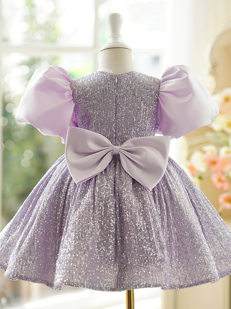 Princess Lilac Sequined Back Zip Baptism Sequins Tea Length Short Sleeve Puff Sleeve Round Flower Girl Dress