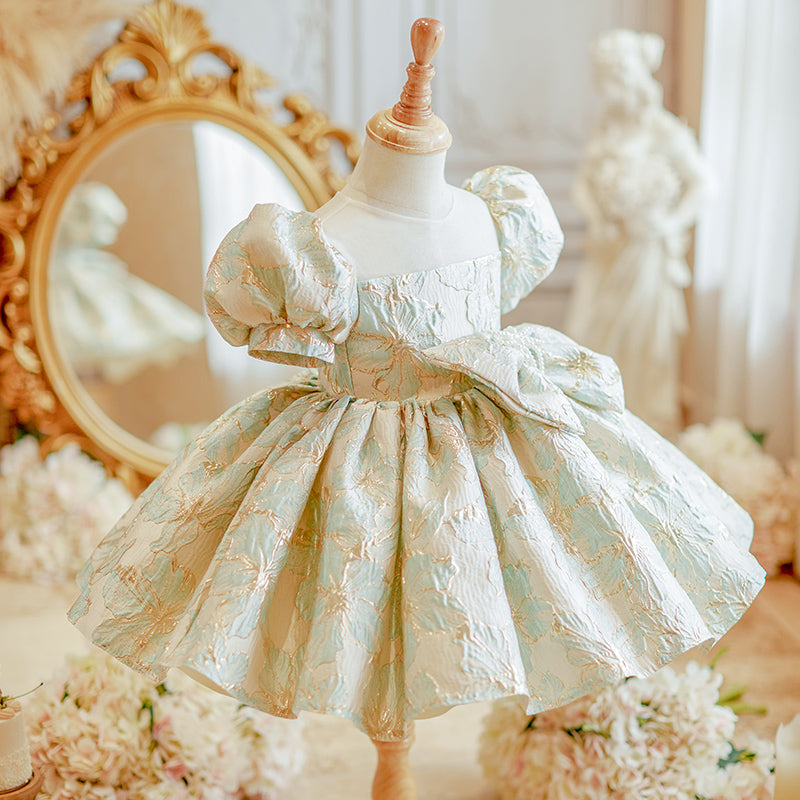 Princess Round Tea Length Satin Flower Girl Dress in Mint Green