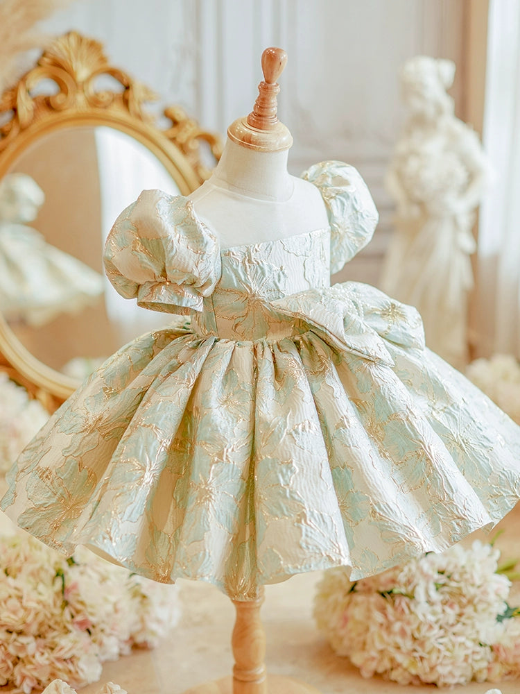 Princess Mint Green Satin Back Zip Baptism Bow(s) Tea Length Short Sleeve Puff Sleeve Round Flower Girl Dress