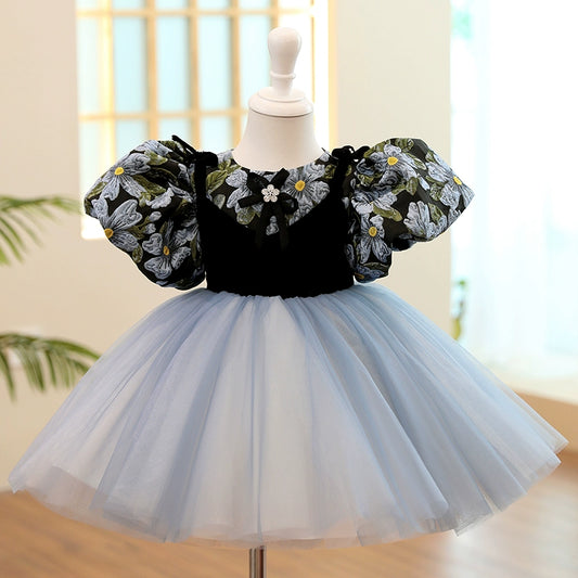 Princess Navy Blue Satin Back Zip Baptism Flower(s) Tea Length Short Sleeve Puff Sleeve Round Flower Girl Dress