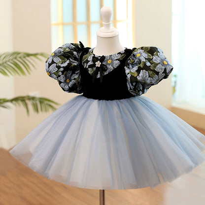 Princess Navy Blue Satin Back Zip Baptism Flower(s) Tea Length Short Sleeve Puff Sleeve Round Flower Girl Dress