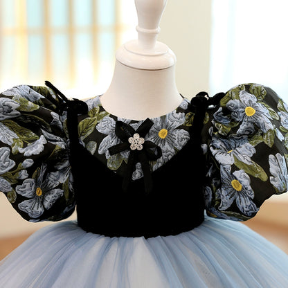 Princess Navy Blue Satin Back Zip Baptism Flower(s) Tea Length Short Sleeve Puff Sleeve Round Flower Girl Dress