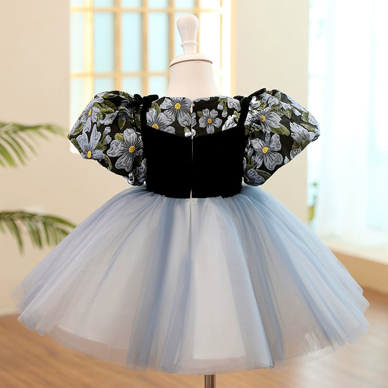 Princess Navy Blue Satin Back Zip Baptism Flower(s) Tea Length Short Sleeve Puff Sleeve Round Flower Girl Dress