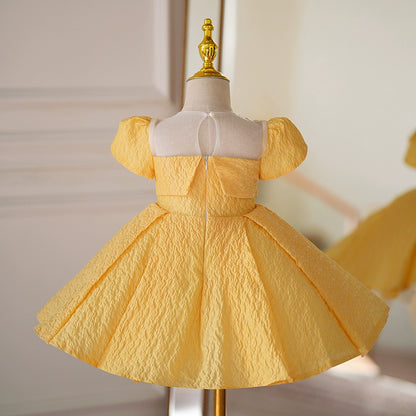 Princess Orange Satin Back Zip Baptism Tea Length Short Sleeve Puff Sleeve Square Flower Girl Dress