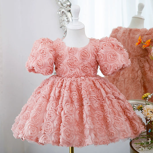 Princess Pink Lace Back Zip Baptism Flower(s) Tea Length Short Sleeve Puff Sleeve Round Flower Girl Dress