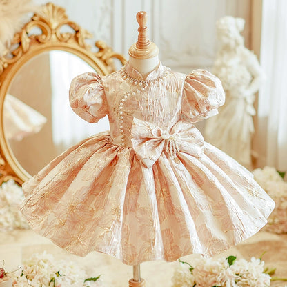 Princess Pink Satin Back Zip Baptism Beaded Tea Length Short Sleeve Puff Sleeve Mock Neck Flower Girl Dress