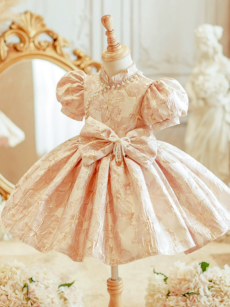 Princess Pink Satin Back Zip Baptism Beaded Tea Length Short Sleeve Puff Sleeve Mock Neck Flower Girl Dress