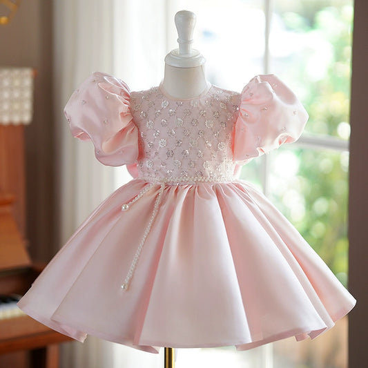 Princess Pink Satin Back Zip Baptism Beaded Tea Length Short Sleeve Puff Sleeve Round Flower Girl Dress